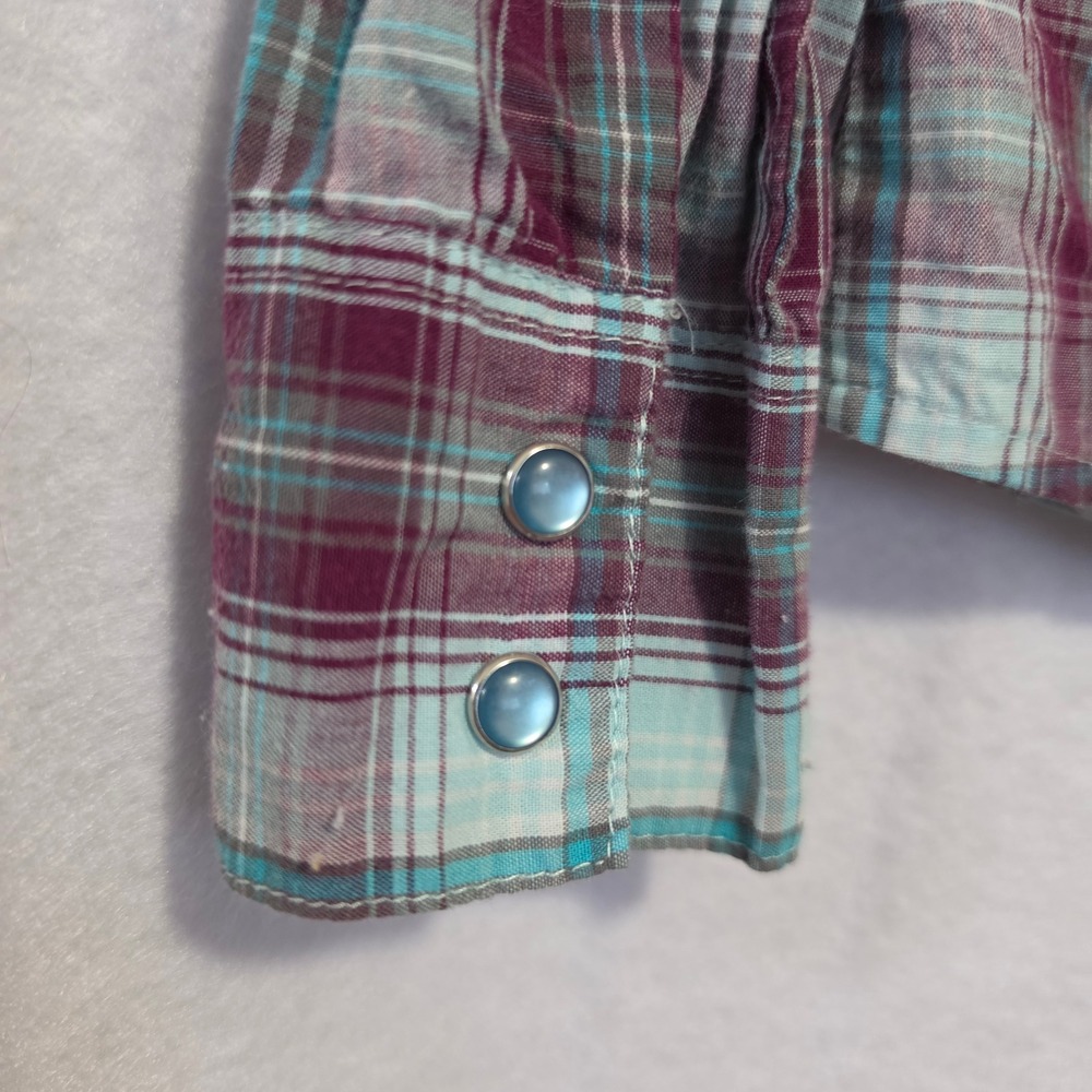 Wrangler As Real As Womens Plaid Western Snap Shirt Purple Teal SZ SM - Picture 5 of 8